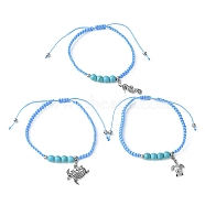 3Pcs 3 Style Turtle & Sea Horse Alloy Charm Bracelets Set, Synthetic Turquoise Braided Adjustable Bracelets, Inner Diameter: 2~3-1/8 inch(5~8cm), 1Pc/style(BJEW-JB09523)