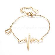 304 Stainless Steel Link & Charm Bracelets, Heartbeat, with Lobster Claw Clasps, Golden, 6-3/4 inch(170mm)(BJEW-H482-02G)