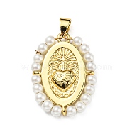 Brass with Plastic Imitation Pearl Pendants, Cadmium Free & Lead Free, Real 18K Gold Plated, Oval with Heart Charm, Seashell Color, 25~26x19~19.5x3~3.5mm, Hole: 3x3.5mm(KK-G472-03G-03)