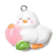 Cute Opaque Resin Pendants, Duck Charms with Platinum Plated Iron Loops, White, 25.5x26x8mm, Hole: 1.7mm(RESI-L038-07P-02)