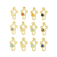 Natural & Synthetic Mixed Gemstone Pendants, 304 Stainless Steel Cross Charms with Jump Rings, Real 18K Gold Plated, 22x13x4mm, Hole: 2.5mm(STAS-P366-02G)