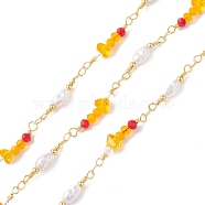 Brass Glass Bead Link Chains with ABS Imitation Pearl Beads, Unwelded, with Spool, Golden, Orange, 19.5~24.5x4.5~6x4~6mm(CHS-P016-39G-07)