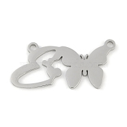 Non-Tarnish 304 Stainless Steel Pendants, Letter & Butterfly Charms, Letter E, 10.5x22.5x0.9mm, Hole: 1.2mm(STAS-L279-002P-E)