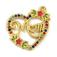 Ion Plating(IP) Real 18K Gold Plated 304 Stainless Steel Rhinestone Pendants, Heart with Word Mom Charms, for Mother's Day, Colorful, 22x21x2mm, Hole: 1mm(STAS-P341-13G-02)