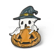 Alloy Enamel Brooches, Enamel Pin, for Halloween, with Rubber Clutches, Ghost with Pumpkin, Colorful, Electrophoresis Black, 30.5x22x10.5mm, Pin: 1.2mm.(JEWB-G009-05B)