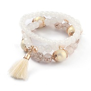 Multi-layered Stretch Bracelets Sets, Stackable Bracelets, with Acrylic Beads, Golden Plated Alloy Spacer Beads and Yarn Tassel Pendants, Antique White, Inner Diameter: 1-7/8~2-1/8 inch(4.9~5.3cm), 3pcs/set(BJEW-H533-01E)