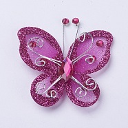 Polyester Butterfly Decoration, with Iron and Acrylic Rhinestone, Medium Violet Red, 50~56x54~56x5~7mm(DIY-WH0018-03H)