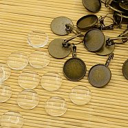 Brass Leverback Hoop Earring Components and Flat Round Transparent Clear Glass Cabochons, Nickel Free, Antique Bronze, Earring: 33.5x14.5mm, Glass: 18x4mm(KK-X0004-NF)