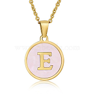 Natural Shell Initial Letter Pendant Necklace, with Golden Stainless Steel Cable Chains, Letter E, 17.72 inch(45cm)(LE4192-11)