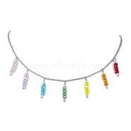 Colorful Glass & Round Shell Pearl Beaded Charms Bib Necklace, with 304 Stainless Steel Cable Chains, Stainless Steel Color, 16.18 inch(41.1cm)(NJEW-JN04628)