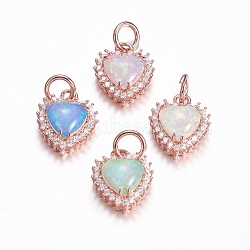 Brass Micro Pave Cubic Zirconia Charms, with Synthetic Opal, Heart, Rose Gold, Mixed Color, 14x11.5x5mm, Hole: 4mm(ZIRC-G141-01RG)