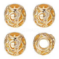 10Pcs Brass Rhinestone European Beads, Large Hole Beads, Long-Lasting Plated, Round with Heart, Real 18K Gold Plated, 11.8x9.5mm, Hole: 4.2mm(KK-BBC0009-16)