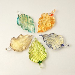 Handmade Lampwork Big Pendants, with Gold Powder, Leaf, Mixed Color, 59x31x10mm, Hole: 6.5x6mm(LAMP-G087-M)