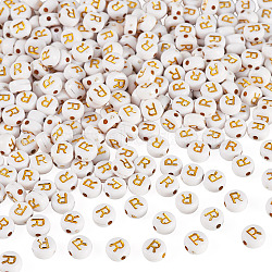 500Pcs Plating Acrylic Beads, Golden Metal Enlaced, Horizontal Hole, Flat Round with Alphabet, White, Letter R, 7x3.5mm, Hole: 1.2mm(PACR-TADJ0001-01R)