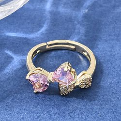 Brass Micro Pave Clear Cubic Zirconia Cuff Open Rings, Bowknot, Golden, 11mm, Inner Diameter: 17mm(CU-CBA5C10-15G)