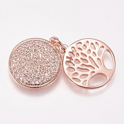 Brass Micro Pave Cubic Zirconia Pendants, Flat Round with Tree of Life, Clear, Rose Gold, 15x2mm, Hole: 3mm(ZIRC-A009-42RG)