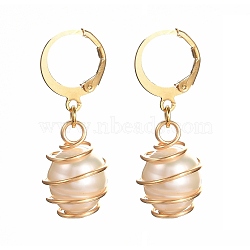Natural Freshwater Pearl Leverback Earrings for Women, Copper Wire Wrapped Oval Charm Dangle Earrings, White, 33mm, Pin: 1mm(EJEW-JE04620)