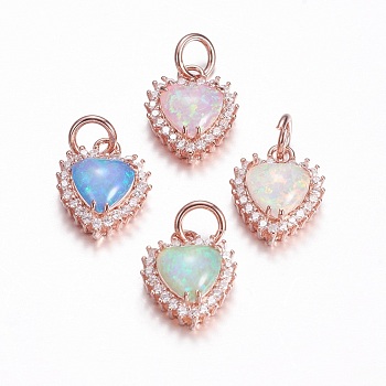 Brass Micro Pave Cubic Zirconia Charms, with Synthetic Opal, Heart, Rose Gold, Mixed Color, 14x11.5x5mm, Hole: 4mm