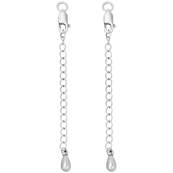 2Pcs 925 Sterling Silver Chain Extenders, End Chains with Lobster Claw Clasps & Teardrop Chain Tabs, Antique Silver, 64x2.5mm, Hole: 2.4mm