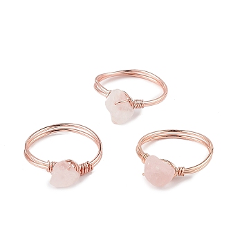 Natural Rose Quartz Chips Finger Ring, Rose Gold Brass Wire Wrap Jewelry for Women, Inner Diameter: 18mm