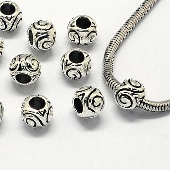 Alloy European Beads, Large Hole Beads, Rondelle, Antique Silver, 10x7.5mm, Hole: 4.5mm