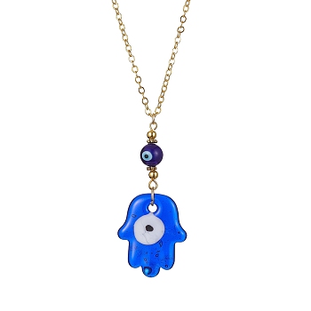 Transparent Handmade Lampwork Religion Hamsa Hand Pendant Necklaces, Blue Evil Eye Necklace with Brass Cable Chains, Golden, 15.39 inch(39.1cm)