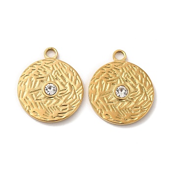 201 Stainless Steel Pendants, with Rhinestone, Textured, Flat Round Charm, Real 18K Gold Plated, 20x17x2.5mm, Hole: 2mm