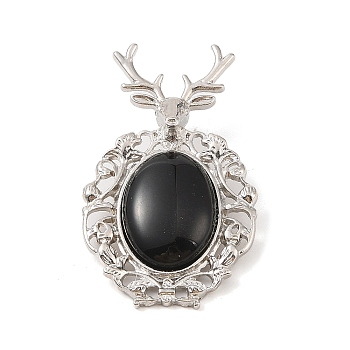 Natural Obsidian Pendants, with Platinum Tone Alloy Findings, Deer Charms, 56x33x4mm, Hole: 5x8mm