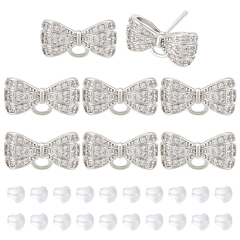 4 Pairs Rack Plating Brass Micro Pave Cubic Zirconia Bowkont Earring Findings, with Loop and 30Pcs Plastic Ear Nuts, Cadmium Free & Lead Free, Long-Lasting Plated, Real Platinum Plated, 8x15x5mm, Hole: 1.7mm, Pin: 0.8mm