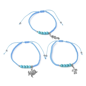 3Pcs 3 Style Turtle & Sea Horse Alloy Charm Bracelets Set, Synthetic Turquoise Braided Adjustable Bracelets, Inner Diameter: 2~3-1/8 inch(5~8cm), 1Pc/style