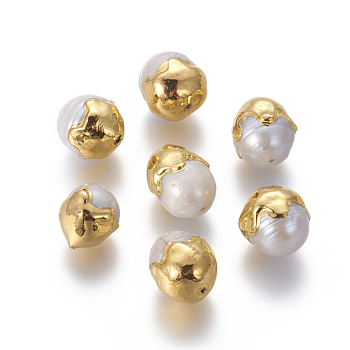 Natural Cultured Freshwater Pearl Beads, with Brass Findings, Oval, Golden, 11.5~14x12~17mm, Hole: 0.8mm