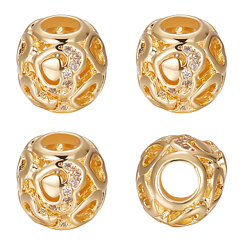 10Pcs Brass Rhinestone European Beads, Large Hole Beads, Long-Lasting Plated, Round with Heart, Real 18K Gold Plated, 11.8x9.5mm, Hole: 4.2mm