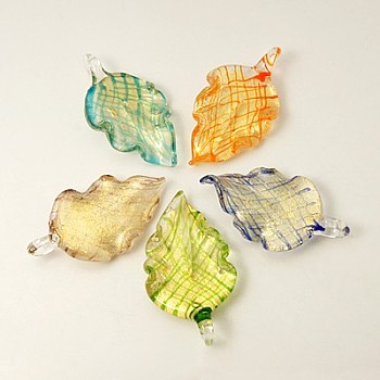 Handmade Lampwork Big Pendants, with Gold Powder, Leaf, Mixed Color, 59x31x10mm, Hole: 6.5x6mm