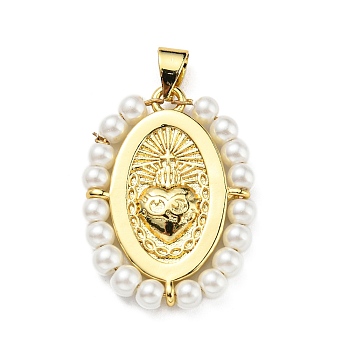 Brass with Plastic Imitation Pearl Pendants, Cadmium Free & Lead Free, Real 18K Gold Plated, Oval with Heart Charm, Seashell Color, 25~26x19~19.5x3~3.5mm, Hole: 3x3.5mm