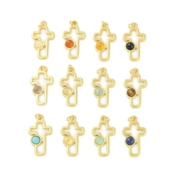 Natural & Synthetic Mixed Gemstone Pendants, 304 Stainless Steel Cross Charms with Jump Rings, Real 18K Gold Plated, 22x13x4mm, Hole: 2.5mm