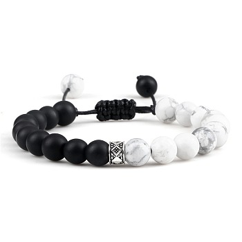 Adjustable Round Natural Howlite & Frosted Obsidian Braided Bead Bracelets for Women Men