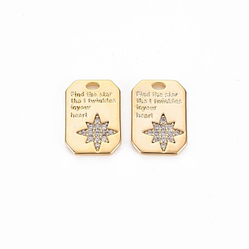 Brass Micro Pave Clear Cubic Zirconia Charms, Nickel Free, Rectangle with Word Find the Star That Twinkles in Your Heart, Real 18K Gold Plated, 14x9.5x1mm, Hole: 2x1mm