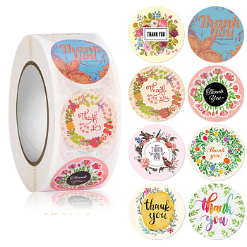 8 Styles Thank You Stickers, Adhesive Roll Sticker Labels, for Envelopes, for Embosser Stamp Sealing Certificate Stickers, Flower, 25mm, 500pcs/roll