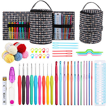 DIY Knitting Kits with Storage Bags for Beginners Include Crochet Hooks, Polyester Yarn, Crochet Needle, Stitch Markers, Scissor, Ruler, Tape Measure, Black, 18x44cm