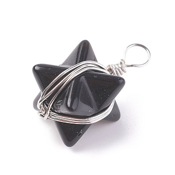Natural Black Agate Pendants, with Brass Findings, Merkaba Star, Platinum, 24~27x17x17mm, Hole: 3.5~4mm