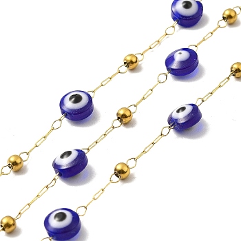 Ion Plating(IP) 316 Surgical Stainless Steel Paperclip Chains, with Evil Eye Glass Bead, Soldered, Real 18K Gold Plated, with Spool, Blue, Link: 3x1x0.3mm