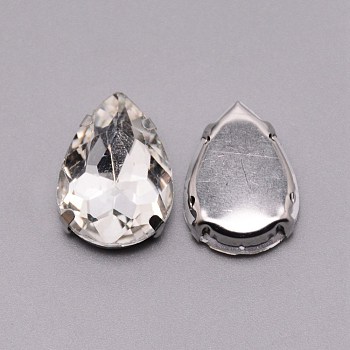 Sew on Rhinestone, Glass Rhinestone, with Platinum Stainless Steel Prong Settings, Garments Accessories, Teardrop, Crystal, 25x18x8mm, Hole: 1.4mm