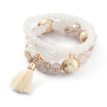 Multi-layered Stretch Bracelets Sets, Stackable Bracelets, with Acrylic Beads, Golden Plated Alloy Spacer Beads and Yarn Tassel Pendants, Antique White, Inner Diameter: 1-7/8~2-1/8 inch(4.9~5.3cm), 3pcs/set