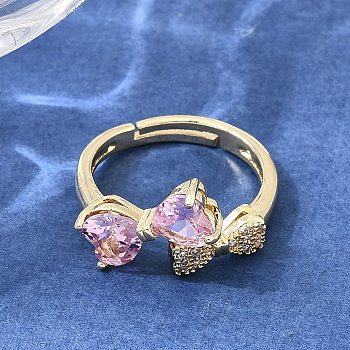 Brass Micro Pave Clear Cubic Zirconia Cuff Open Rings, Bowknot, Golden, 11mm, Inner Diameter: 17mm