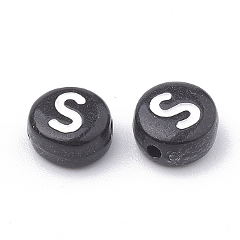 Opaque Acrylic Horizontal Hole Beads, with Enamel, Flat Round, Letter S, 7x4mm, Hole: 1.5mm