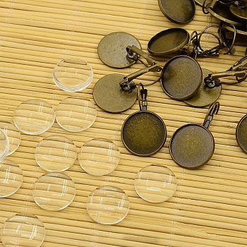 Brass Leverback Hoop Earring Components and Flat Round Transparent Clear Glass Cabochons, Nickel Free, Antique Bronze, Earring: 33.5x14.5mm, Glass: 18x4mm