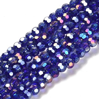 Electroplate Glass Beads Strands, AB Color Plated, Faceted(32 Facets), Round, Dark Blue, 4mm, Hole: 0.5mm, about 100pcs/strand, 14.2 inch