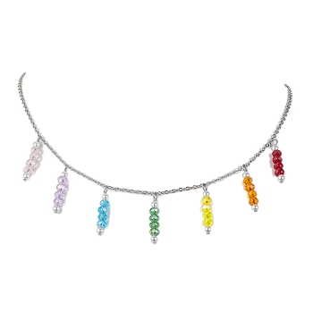 Colorful Glass & Round Shell Pearl Beaded Charms Bib Necklace, with 304 Stainless Steel Cable Chains, Stainless Steel Color, 16.18 inch(41.1cm)