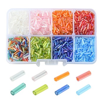 96G 8 Colors Transparent Colours Rainbow Glass Bugle Beads, AB Color, Mixed Color, 6x1.8mm, Hole: 0.6mm, about 12g/color