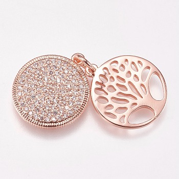 Brass Micro Pave Cubic Zirconia Pendants, Flat Round with Tree of Life, Clear, Rose Gold, 15x2mm, Hole: 3mm